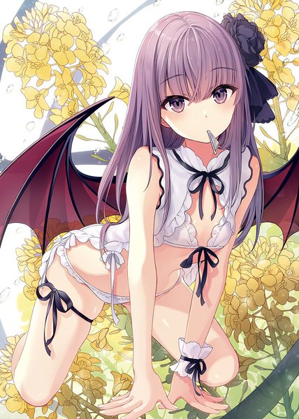 Anime picture 851x1193 with original yashiro seika single long hair tall image looking at viewer blush fringe breasts light erotic hair between eyes purple eyes holding purple hair hair flower underwear only mouth hold demon girl on all fours demon wings