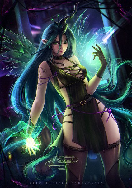 Anime picture 848x1200 with my little pony queen chrysalis axsen single long hair tall image fringe breasts light erotic hair between eyes standing bare shoulders green eyes cleavage very long hair arm up pointy ears realistic aqua hair tattoo