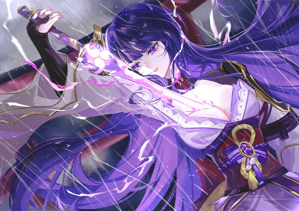 Anime picture 2200x1555 with genshin impact raiden shogun vardan single long hair highres breasts light erotic large breasts purple eyes looking away purple hair nail polish traditional clothes japanese clothes dutch angle floating hair rain electricity purple nail polish