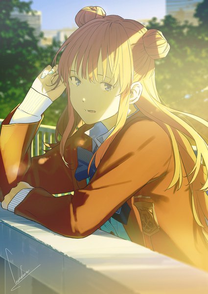 Anime picture 1254x1771 with hoshino me wo tsubutte. hoshino misaki loundraw single long hair tall image looking at viewer fringe open mouth blue eyes blonde hair signed upper body nail polish sunlight hair bun (hair buns) depth of field adjusting hair girl uniform