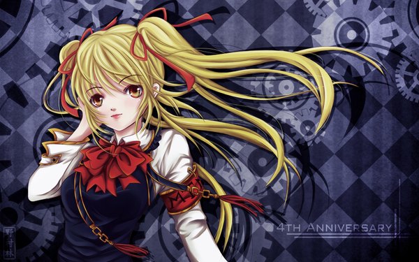 Anime picture 1920x1200 with original single long hair highres blonde hair wide image twintails yellow eyes girl ribbon (ribbons) hair ribbon gears