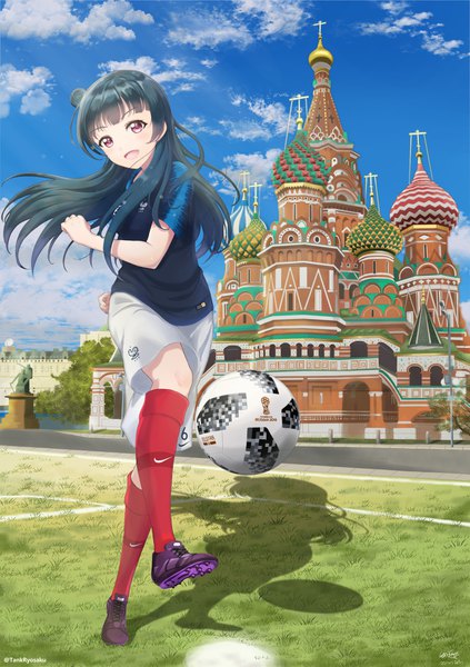 Anime picture 1200x1700 with love live! sunshine!! sunrise (studio) love live! nike world cup 2018 fifa world cup tsushima yoshiko tank ryosaku single long hair tall image looking at viewer open mouth purple eyes signed blue hair sky cloud (clouds) shadow hair bun (hair buns)