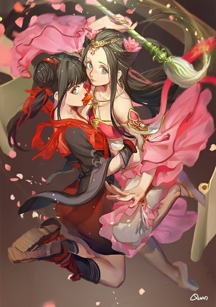 Anime picture 584x827 with ghost story (game) xiao qian yuukaku long hair tall image looking at viewer open mouth black hair bare shoulders multiple girls bent knee (knees) looking back hair flower from above wide sleeves grey eyes hair bun (hair buns) alternate costume hug alternate hairstyle