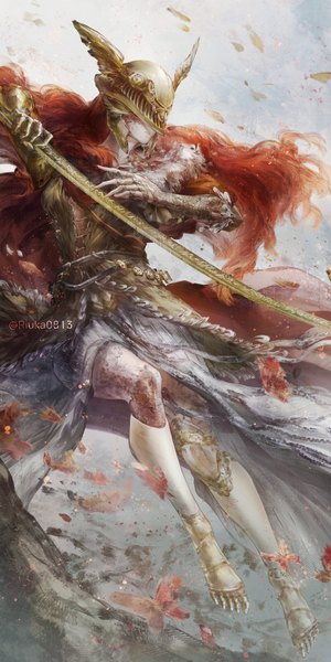 Anime picture 1200x2400 with elden ring malenia blade of miquella riuka0813 single long hair tall image holding signed full body red hair twitter username blindfold girl insect butterfly cape helmet prosthesis blade