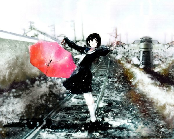 Anime picture 1280x1024 with haruhiko mikimoto short hair black hair standing black eyes snowing spread arms winter snow girl uniform school uniform umbrella train railways