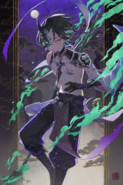 Anime-Bild 3000x4512 mit genshin impact xiao (genshin impact) hitohachan single tall image looking at viewer highres short hair black hair yellow eyes multicolored hair colored inner hair boy weapon moon mask full moon beads spear