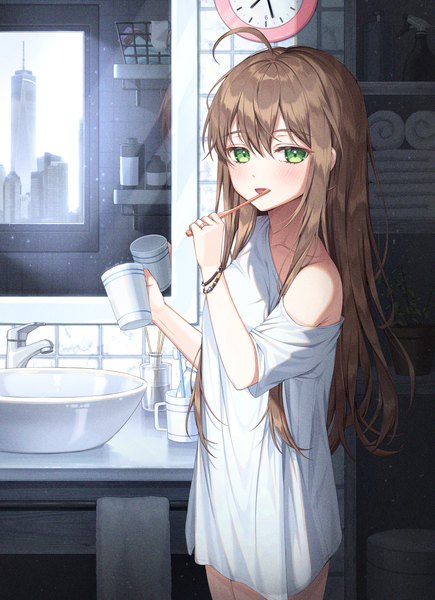 Anime picture 2899x4000 with original xiho (suna) single long hair tall image looking at viewer blush fringe highres open mouth smile hair between eyes brown hair standing bare shoulders holding green eyes ahoge indoors :d