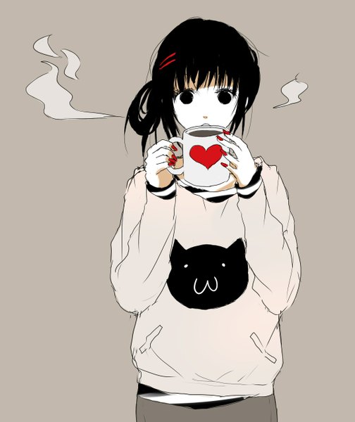 Anime picture 1074x1278 with original spazzytoaster single tall image looking at viewer short hair black hair simple background black eyes smoke animal print heart print girl heart cat coffee