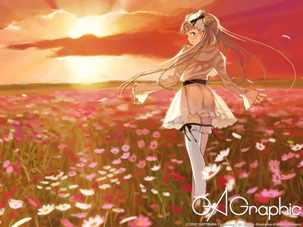 Anime picture 1024x768 with gagraphic haimura kiyotaka single long hair looking at viewer blush blue eyes light erotic blonde hair standing signed sky cloud (clouds) full body outdoors ass long sleeves looking back from behind sunlight
