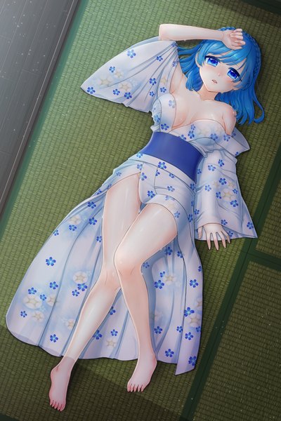 Anime picture 1500x2250 with original mashuu (neko no oyashiro) single tall image looking at viewer blush short hair breasts open mouth blue eyes light erotic bare shoulders blue hair bent knee (knees) lying long sleeves traditional clothes japanese clothes barefoot wide sleeves