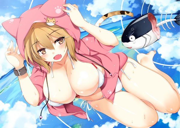 Anime picture 1020x724 with original aburidashi zakuro blush short hair breasts open mouth light erotic large breasts animal ears cleavage cloud (clouds) animal tail barefoot cat ears orange hair bare legs cat tail orange eyes girl hair ornament