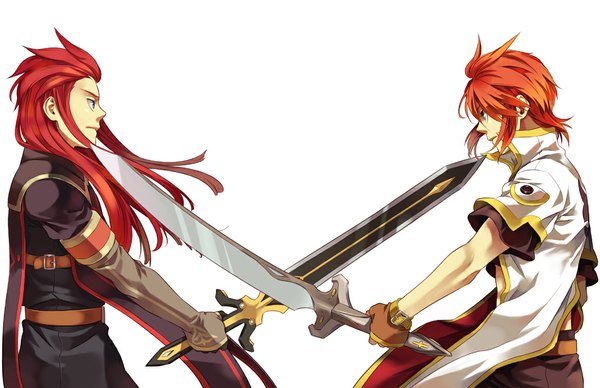 Anime picture 1167x755 with tales of (series) tales of the abyss luke fon fabre asch miho (mi) long hair short hair blue eyes simple background white background red hair profile multiple boys wallpaper boy gloves sword 2 boys