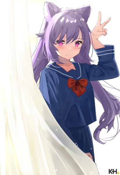 Anime picture 2000x2900 with genshin impact keqing (genshin impact) kebohan single long hair tall image looking at viewer blush fringe highres hair between eyes standing twintails signed payot purple hair long sleeves pleated skirt pink eyes hair bun (hair buns)