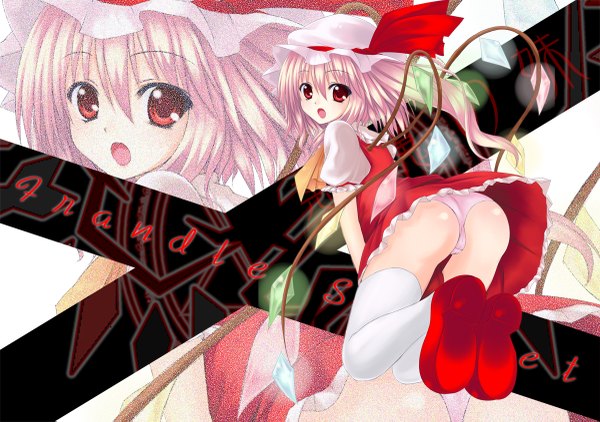 Anime picture 1200x845 with touhou flandre scarlet utakata (kochou no yume) single short hair open mouth light erotic blonde hair red eyes ass looking back zoom layer girl thighhighs dress underwear panties white thighhighs wings shoes