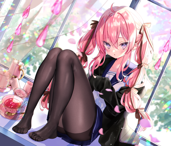 Anime picture 4093x3500 with original sinobi illust single long hair looking at viewer blush fringe highres open mouth light erotic hair between eyes sitting purple eyes twintails payot pink hair absurdres full body ahoge bent knee (knees)