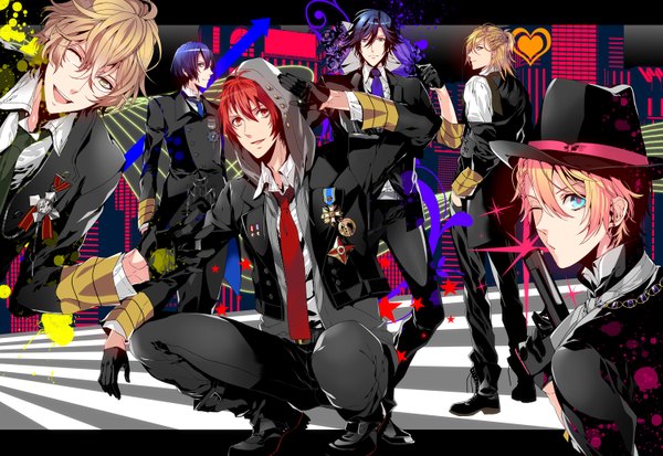 Anime picture 1500x1034 with uta no prince-sama a-1 pictures jinguji ren hijirikawa masato ichinose tokiya ittoki otoya kurusu shou shinomiya natsuki roa huduki (artist) short hair open mouth blue eyes blonde hair smile red eyes green eyes blue hair red hair one eye closed wink