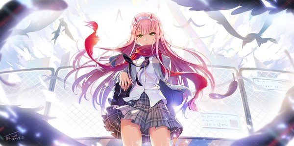 Anime picture 3018x1500 with darling in the franxx studio trigger zero two (darling in the franxx) tel-o single long hair fringe highres wide image green eyes signed pink hair horn (horns) wind from below dated plaid skirt girl skirt uniform