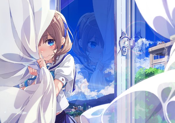 Anime picture 2130x1500 with original ogipote single looking at viewer blush fringe highres short hair blue eyes smile brown hair standing sky cloud (clouds) indoors wind short sleeves puffy sleeves city finger to mouth