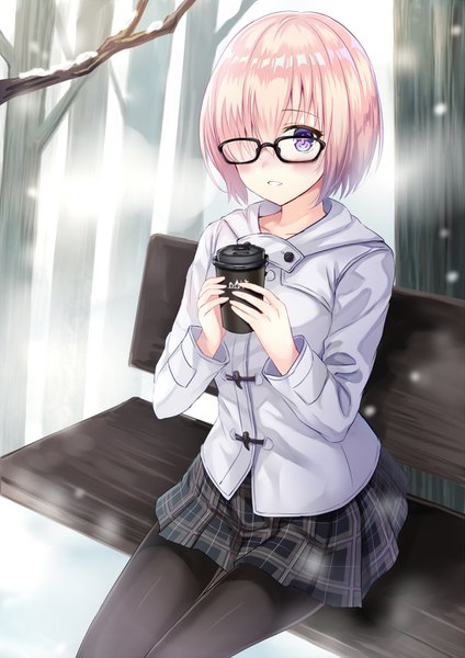 Anime picture 1000x1414 with fate (series) fate/grand order mash kyrielight harimoji single tall image blush fringe short hair sitting purple eyes holding pink hair outdoors long sleeves parted lips pleated skirt hair over one eye official alternate costume plaid skirt