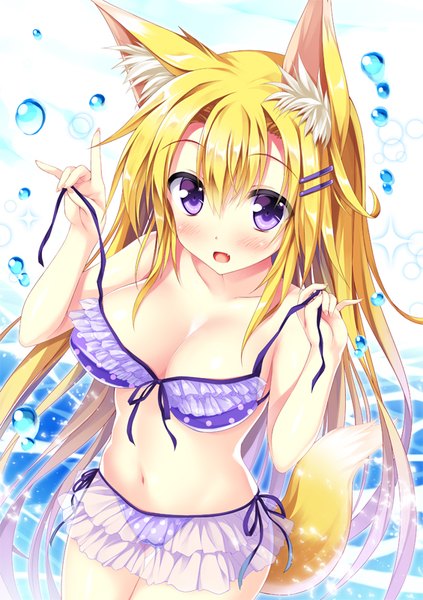 Anime picture 565x800 with original tateha (marvelous grace) single long hair tall image blush breasts open mouth light erotic blonde hair large breasts purple eyes animal ears tail animal tail girl navel swimsuit bikini sea