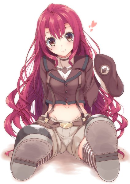 Anime picture 849x1200 with original kurimu (yatsu) yappen single long hair tall image looking at viewer blush simple background smile white background sitting red hair girl thighhighs navel shorts heart striped thighhighs cap