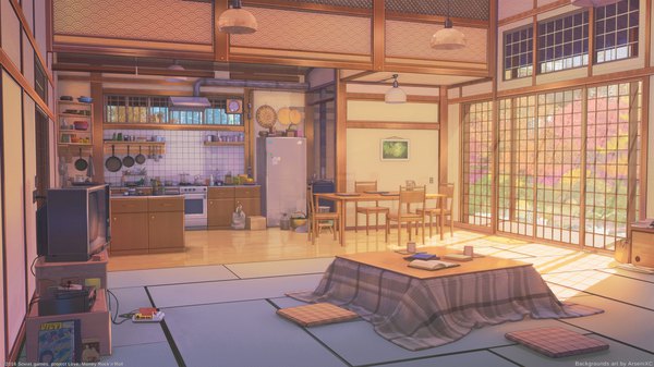 Anime picture 1920x1080 with love money rock'n'roll arsenixc highres wide image signed indoors realistic copyright name no people scenic autumn seigaiha building (buildings) house room sliding doors tatami japanese house shouji kitchen