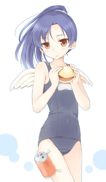 Anime picture 585x1000 with idolmaster kisaragi chihaya komi zumiko single long hair tall image looking at viewer blush light erotic brown eyes blue hair girl swimsuit wings one-piece swimsuit school swimsuit