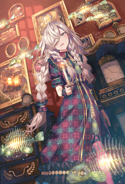 Anime picture 728x1069 with original 778-go single long hair tall image looking at viewer fringe holding silver hair indoors braid (braids) head tilt hair over one eye silver eyes girl dress scrunchie clock candle (candles) picture
