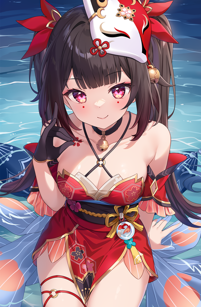 Anime picture 1200x1830 with honkai: star rail honkai (series) sparkle (honkai: star rail) hitsukuya single long hair tall image looking at viewer fringe breasts light erotic black hair smile large breasts bare shoulders payot cleavage blunt bangs pink eyes from above