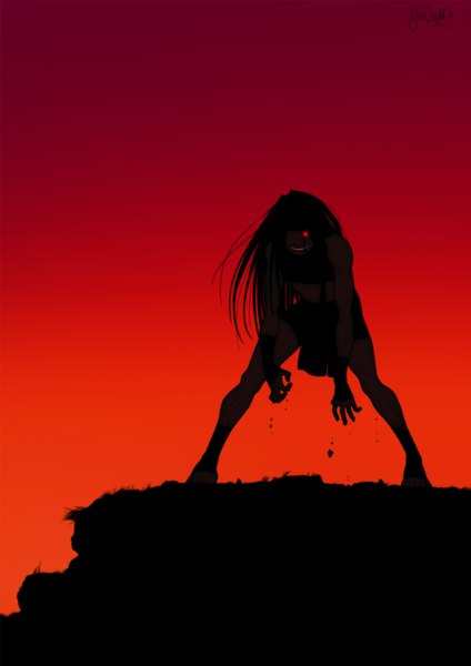 Anime picture 1207x1706 with fullmetal alchemist studio bones envy hubedihubbe single long hair tall image fringe red eyes signed hair over one eye red background boy