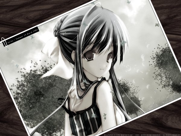 Anime picture 1600x1200 with strawberry panic madhouse suzumi tamao k1ru single long hair looking at viewer signed upper body light smile monochrome strap slip third-party edit girl photo (object)
