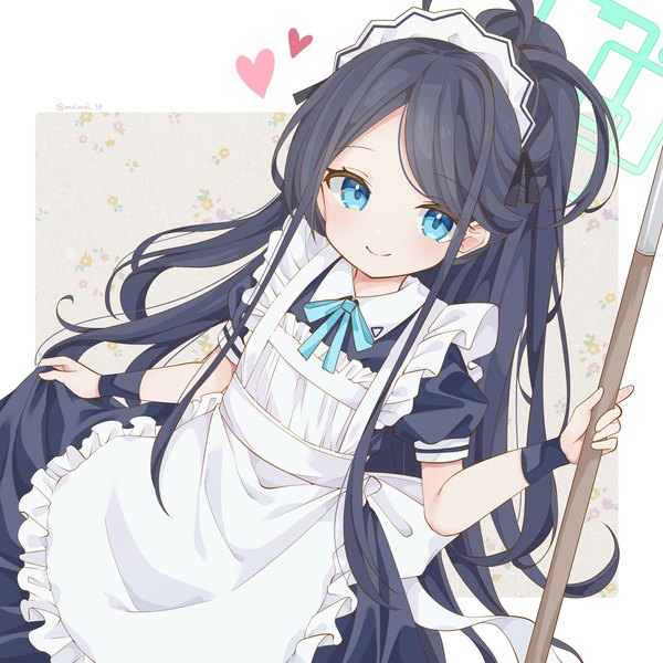 Anime picture 3000x3000 with blue archive aris (blue archive) aris (maid) (blue archive) saekiya sabou single long hair looking at viewer highres blue eyes black hair smile signed ponytail maid twitter username official alternate costume outside border girl uniform headdress