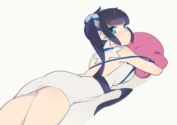 Anime picture 1100x778 with dungeon ni deai wo motomeru no wa machigatteiru darou ka j.c. staff hestia (danmachi) sohin single long hair looking at viewer blush blue eyes light erotic black hair simple background twintails lying looking back grey background rei no himo girl dress ribbon (ribbons)