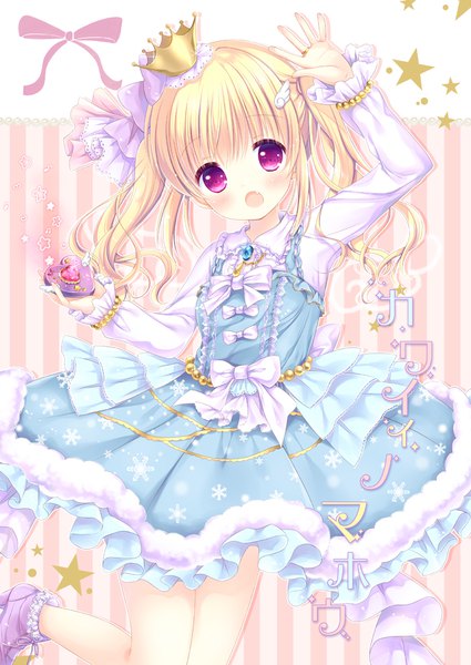 Anime picture 800x1130 with original mizuse ruka single long hair tall image looking at viewer blush open mouth blonde hair twintails pink eyes arm up inscription frilled dress girl dress bow frills star (symbol) crown