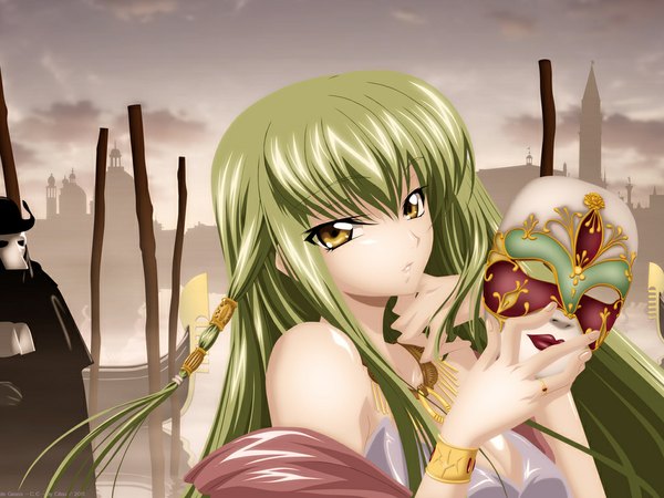 Anime picture 1024x768 with code geass sunrise (studio) c.c. cilou (artist) single long hair fringe breasts bare shoulders holding yellow eyes payot cleavage green hair girl building (buildings) mask