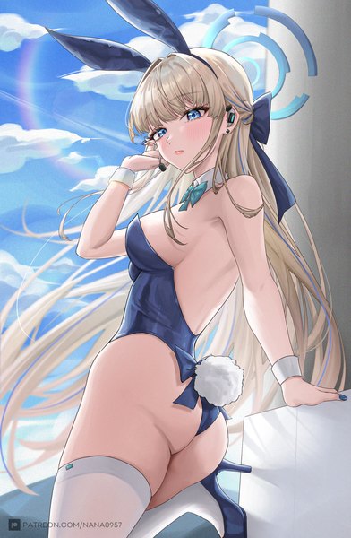 Anime picture 979x1500 with blue archive toki (blue archive) toki (bunny) (blue archive) expulse single long hair tall image looking at viewer blush fringe breasts blue eyes light erotic blonde hair large breasts standing bare shoulders signed animal ears sky