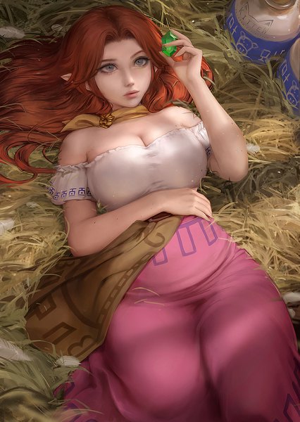 Anime picture 853x1200 with the legend of zelda nintendo malon daria leonova single long hair tall image fringe breasts light erotic brown hair large breasts holding signed looking away lying arm up from above lips pointy ears