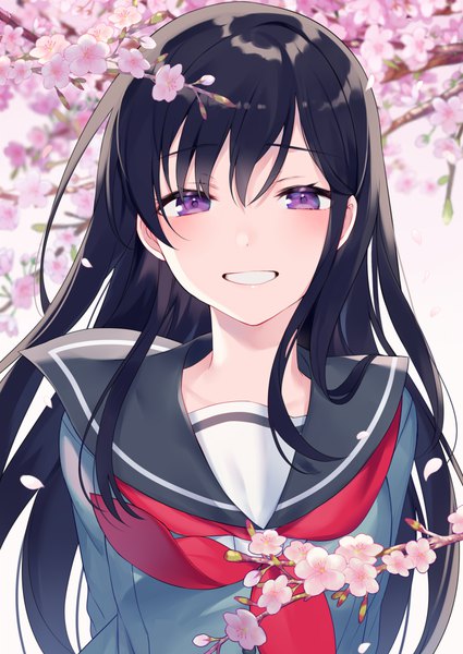 Anime picture 708x1000 with original achiki single long hair tall image looking at viewer blush fringe black hair simple background smile hair between eyes white background purple eyes payot upper body blurry depth of field grin cherry blossoms