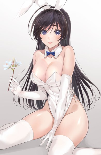 Anime picture 1296x1990 with girls und panzer isuzu hana mexif single long hair tall image breasts open mouth blue eyes light erotic black hair simple background large breasts animal ears looking away cleavage ahoge :d grey background bunny ears