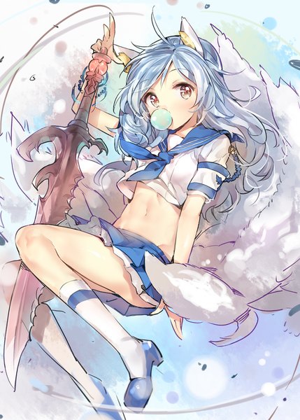 Anime picture 900x1258 with original yuran (cozyquilt) single long hair tall image looking at viewer light erotic holding animal ears yellow eyes blue hair bent knee (knees) tail animal tail pleated skirt bare belly multiple tails wolf ears wolf tail girl