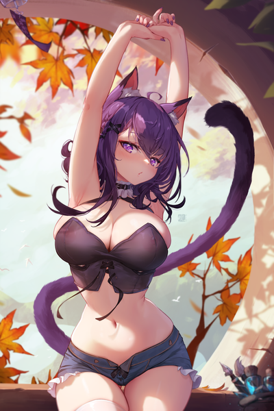 Anime picture 4200x6300 with original mitsu (mitsu art) single long hair tall image looking at viewer blush fringe highres breasts light erotic hair between eyes large breasts standing purple eyes signed animal ears absurdres cleavage purple hair