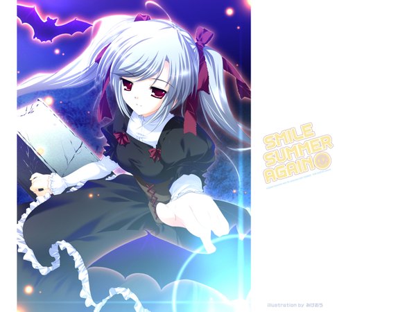 Anime picture 1600x1200 with smile summer again pink chuchu (artbook) mikeou red eyes twintails silver hair goth-loli bat