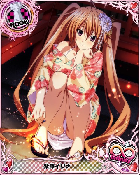 Anime picture 640x800 with highschool dxd shidou irina single tall image looking at viewer blush light erotic brown hair purple eyes twintails very long hair traditional clothes japanese clothes pantyshot pantyshot sitting card (medium) girl hair ornament underwear panties