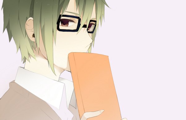 Anime picture 1386x900 with vocaloid gumo single short hair simple background brown eyes green hair pink background boy glasses book (books)