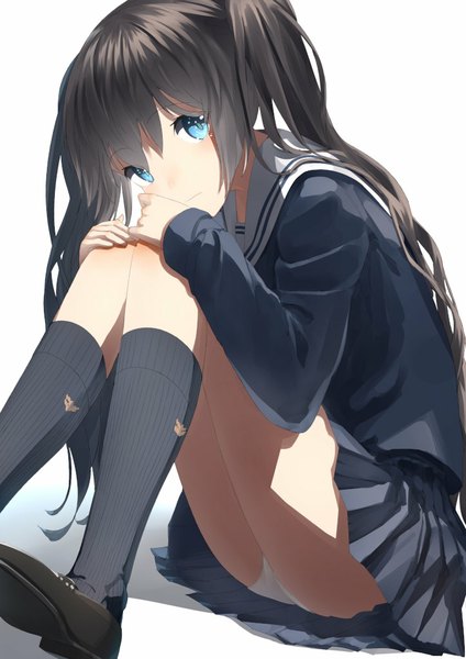 Anime picture 723x1023 with original touboku single long hair tall image looking at viewer blue eyes light erotic black hair simple background white background twintails pantyshot girl skirt uniform underwear panties miniskirt socks