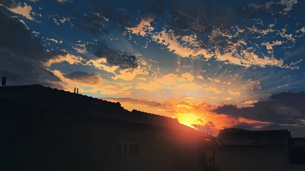 Anime picture 3840x2160 with original banishment highres wide image absurdres sky cloud (clouds) evening sunset no people window building (buildings) house