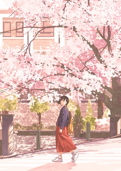 Anime picture 1061x1500 with original gemi single tall image looking at viewer fringe short hair brown hair full body outdoors black eyes open jacket cherry blossoms walking spring girl skirt plant (plants) tree (trees) socks