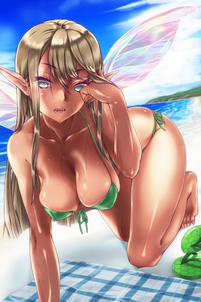 Anime picture 1200x1800 with original coracola single long hair tall image looking at viewer breasts open mouth light erotic large breasts bare shoulders green eyes sky cloud (clouds) barefoot pointy ears beach adjusting hair tan fairy