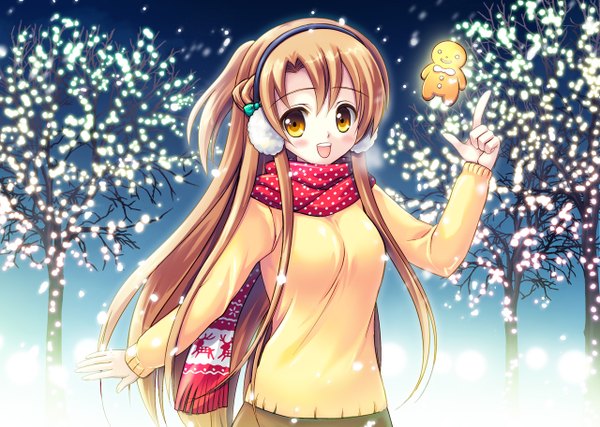 Anime picture 1280x913 with sword art online a-1 pictures yuuki asuna fukase ayaka single long hair blush open mouth brown hair yellow eyes girl plant (plants) tree (trees) hairband headphones scarf sweater