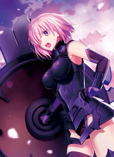 Anime picture 1583x2173 with fate (series) fate/grand order mash kyrielight fuyuki (neigedhiver) single tall image fringe short hair open mouth light erotic pink hair sky cloud (clouds) ahoge pink eyes sunlight hair over one eye sunbeam screaming girl